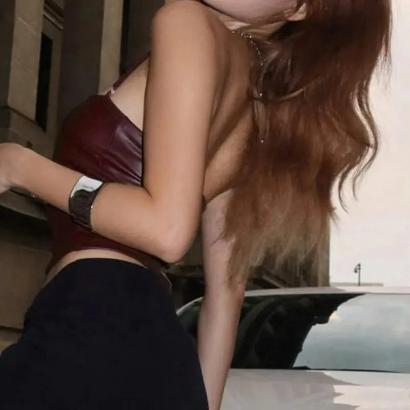 Wine Red PU Spliced One Shoulder Hanging Neck Strap Hot and Sexy Adjustable Backless Vest for External Wear