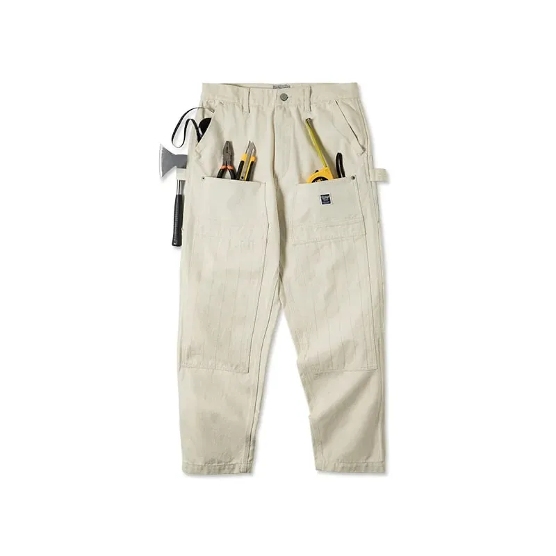 Maden Workwear American Retro Distressed Loose Off White Jeans Washed Straight Multi Pocket Woodcutter Pants Men