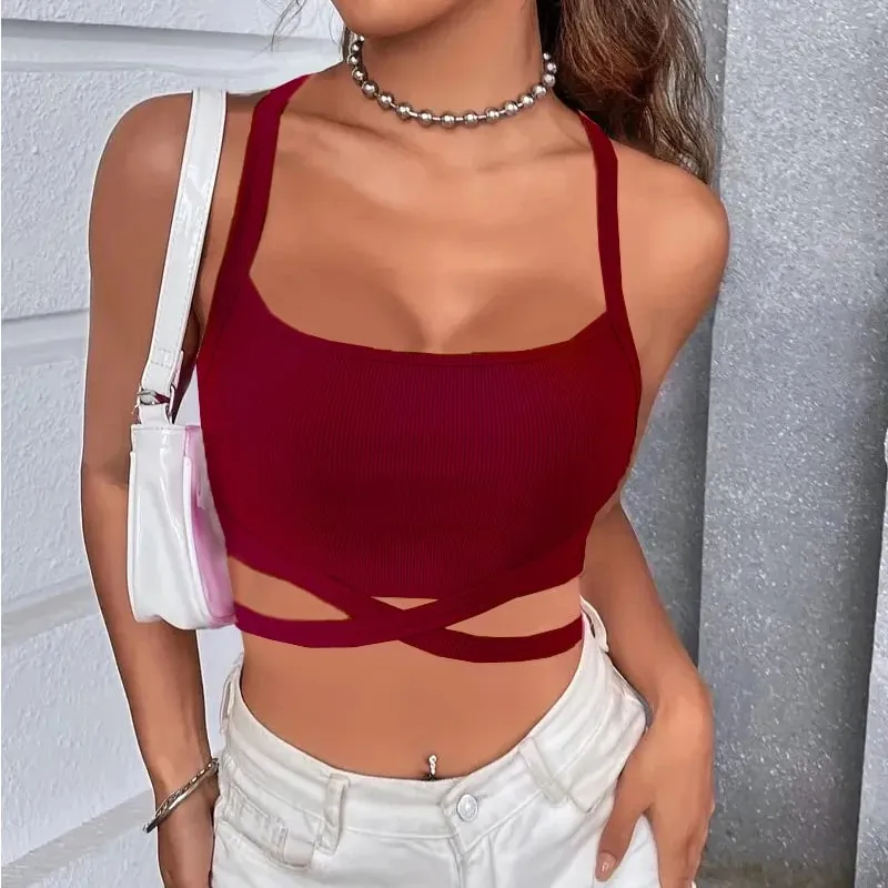 Y2k Women Summer Tank Tops Sexy Solid Color Backless Cross Bandage Crop Tops High Street Wear 2024 Fashion Wine Red Camis Corset — image 1
