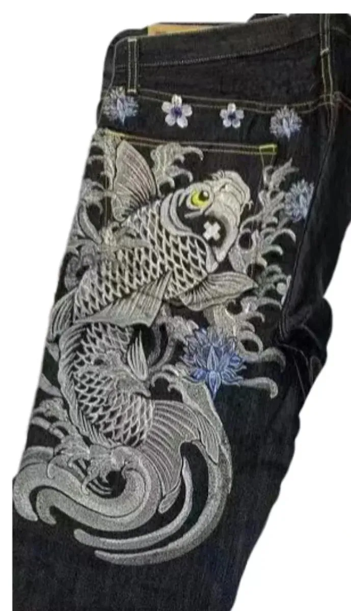 Japanese hip-hop Brocade carp printed jeans same style couple washed high waist retro casual loose ins straight wide leg pants — image 10