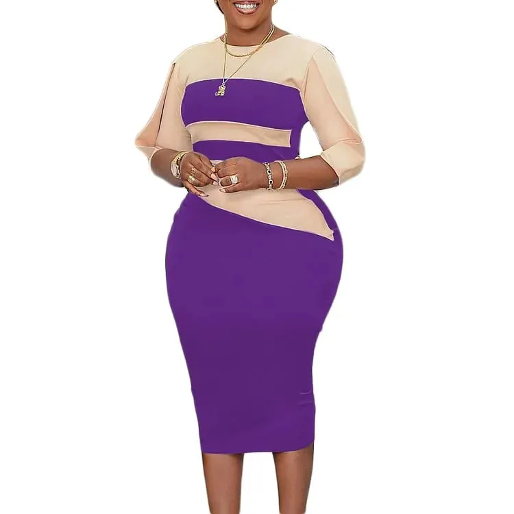 Women Dress for Work Elegant Office O Neck Three Quarter Sleeve Patchwork Sheath Package Hips Mid Calf Professional Business Hot
