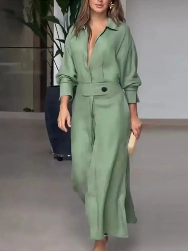 Women's Dress Autumn New Fashion Elegant Long Sleeve Leisure Solid Color V Neck Sexy Ladies Shirt Dresses Commuting Streetwear — image 2