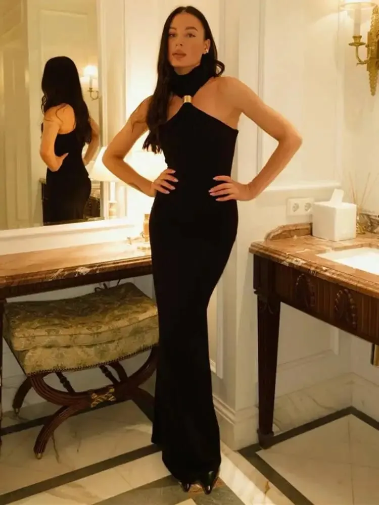 Balitops Gouden Ring Coltrui Maxi Tank Jurk Vrouwen Zomer Nieuwe Slim Fit Vrouwelijke Jurk Mouwloze Back Split Bodycon Lange Jurk — image 3