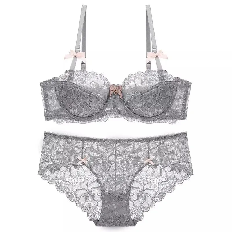 Los más vendidos Conjunto de sujetador de media copa de encaje Sexy para mujer, conjunto de lencería cómoda con aros suaves, Push Up fino elegante, encaje excelente — image 3