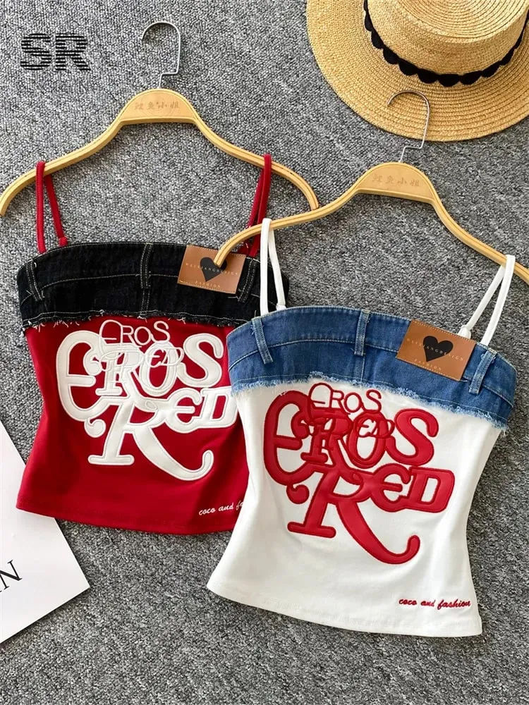 American Retro Y2k Strap Tops Letter Embroidery Denim Patchwork Fashion Design Women Hotsweet Streetwear Slim Crop Top