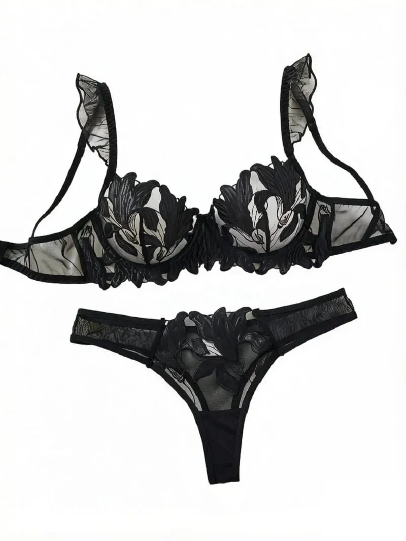 A4 Sort 3D Blomsterbroderi Lingeri Sæt Kvinder Flæse Bøjle BH & Thong Sæt Sheer Mesh Sexet Romantisk Intim Undertøj — image 2