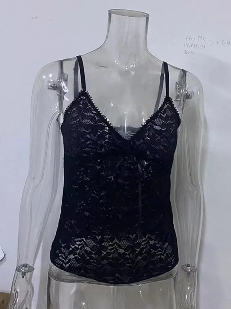 Débardeur noir transparent en dentelle pour femmes, haut court d'été Y2K, vêtements sans manches, col en V, débardeur Sexy, esthétique gothique des années 2000 — image 6