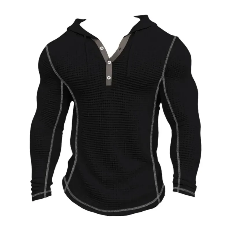 Waffle Solid Fabric Slim Fit Hoodies Men V-neck Button Casual Sweatshirts Hip Hop Street Sweater Men's Sports Tops Long Sleeve — image 3