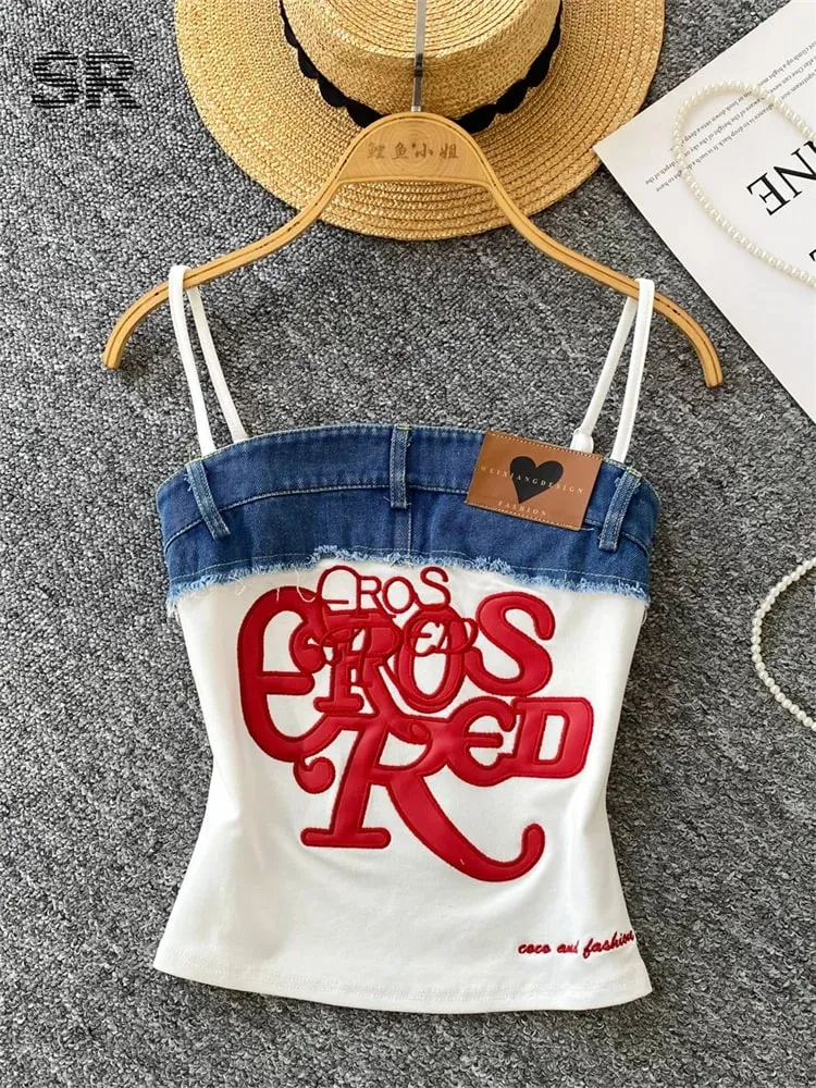 American Retro Y2k Strap Tops Letter Embroidery Denim Patchwork Fashion Design Women Hotsweet Streetwear Slim Crop Top