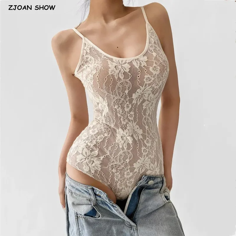 Sexy See Through Lace With Lining Backless Spaghetti Strap Bodysuit Woman Sling Tight Short Jumpsuit Slim Fit Rompers Playsuits — image 2