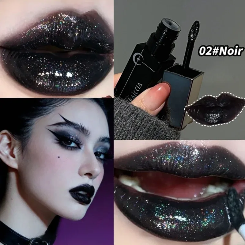Shimmer Matte Black Red Lipstick Punk Gothic Lipgloss Halloween Makeup Mousse Lip Mud Lipstick Waterproof Non-stick Cup Lip Tint