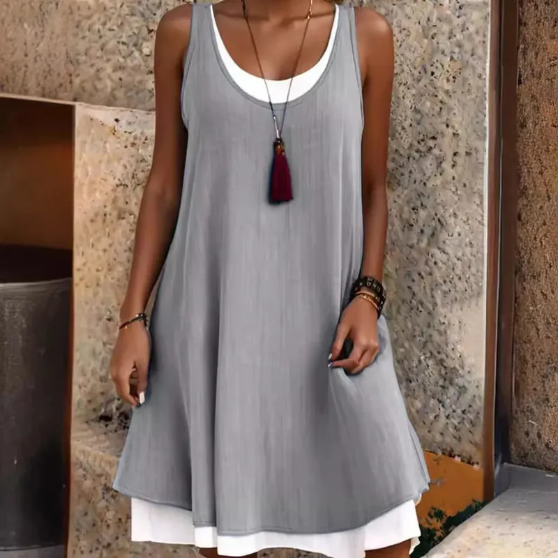 Women's Solid Dress Fashion O Neck Pullover Sleeveless Fake Two Piece Loose Beach Dresses For Women Summmer New Womens Clothing — image 10