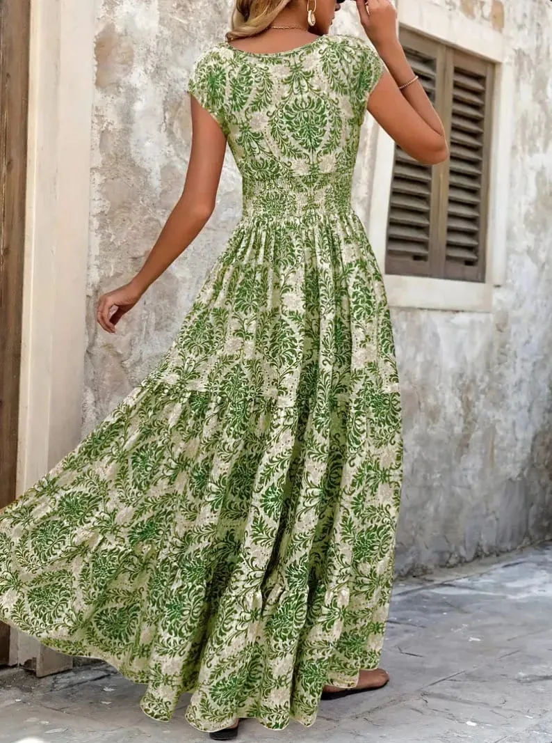 2026 Vintage trykt kjole Moderigtigt og elegant V-hals Kortærmet Jumpsuit Lang nederdel Dametøj — image 2