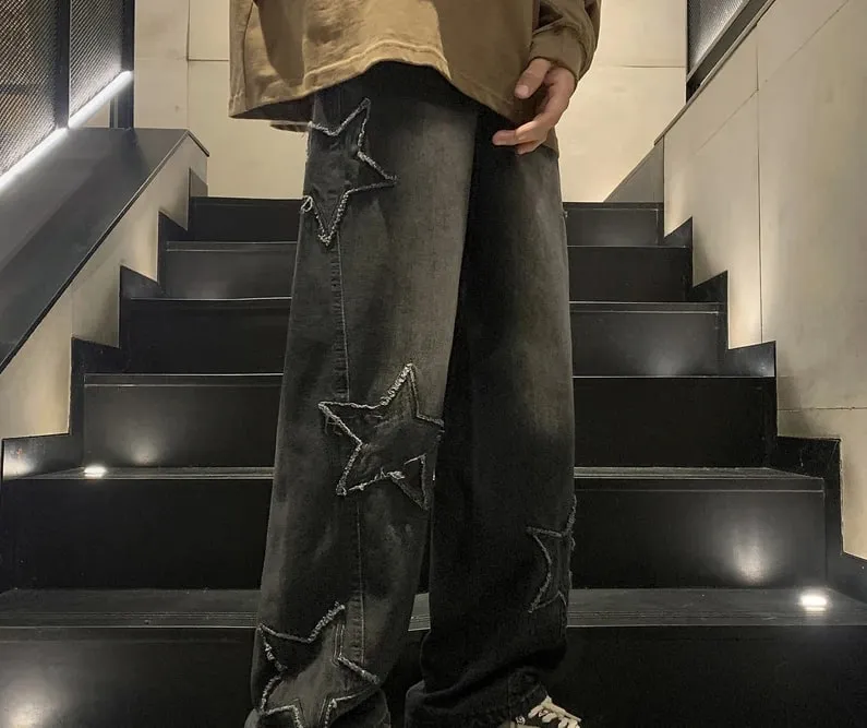 New Fashion Five-pointed Star Jeans Men High-waisted Vintage Streetwear Men Pants Baggy Winter Wide-leg Jeans Denim Men Clothing — image 4