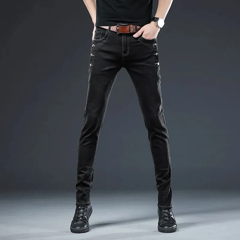 New Men Slim Button Black Skinny Jeans Solid Color Stretch Skateboard Multi-button Youth Male Denim Pants — image 5