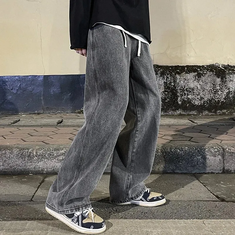 Brand Men's Jeans Korean Version Student Casual Pants High Street Straight Loose Wide Leg Jeans Black Grey Blue Baggy Jeans — image 2