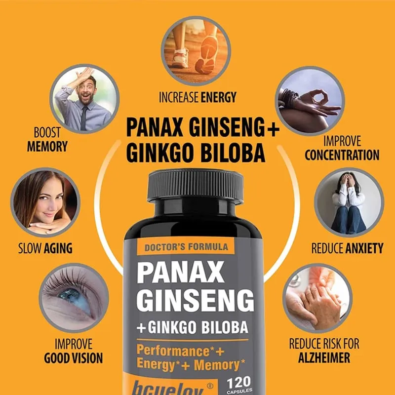 Ginseng + Ginkgo Biloba Extract Capsules - Helps Improve Energy and Vitality Anti-aging Memory Brain and Vision Health — image 3