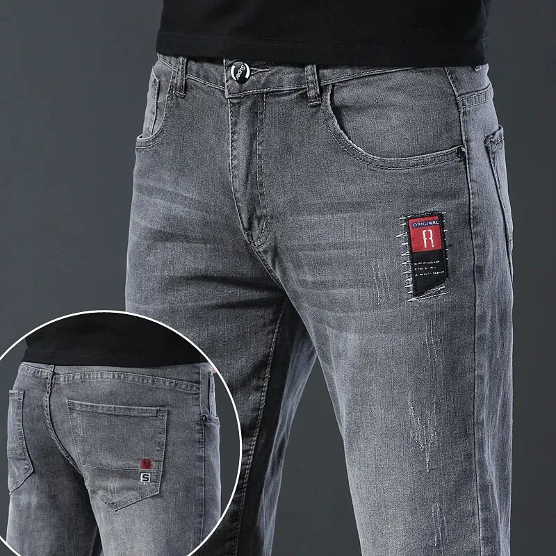 Men's Fashion Letters Denim Pants Slim Straight Gentleman Slacks Fashion European American Style Stretch Men Luxury Jeans Grey