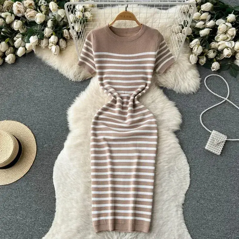 Summer Striped Beach Knitted Dress O Neck Short Sleeves Chic Hotsweet Slim Sundress Streetwear Y2K Bodycon Midi Dress — image 5
