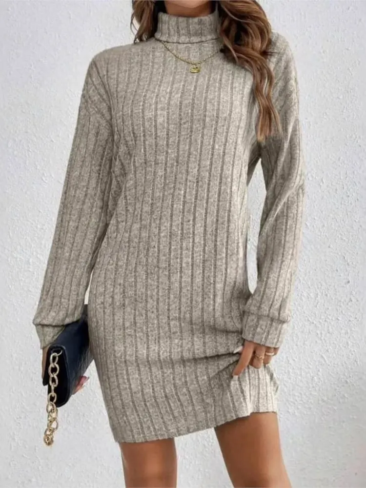 Autumn Winter Dress Woemn Casual Trutleneck Long Sleeve Solid Knitted Dress 2024 New Fashion Loose Comfortable Dresses Female — image 3