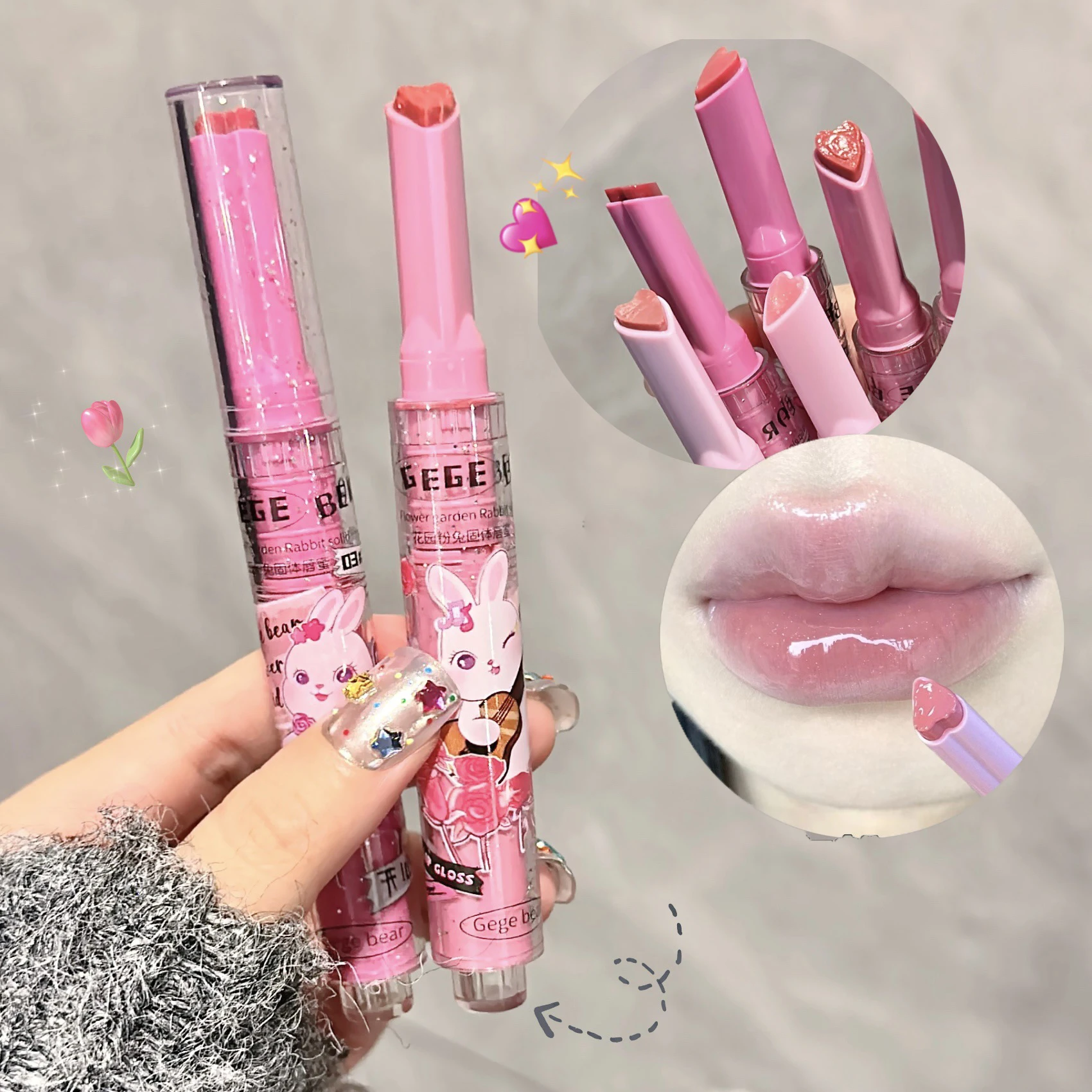 Gege Bear Garden Pink Rabbit Jelly Lip Gloss Solid Lip Glaze Mirror Glass Water Light Heart Shape Lipstick Korean Lip Tint — image 4
