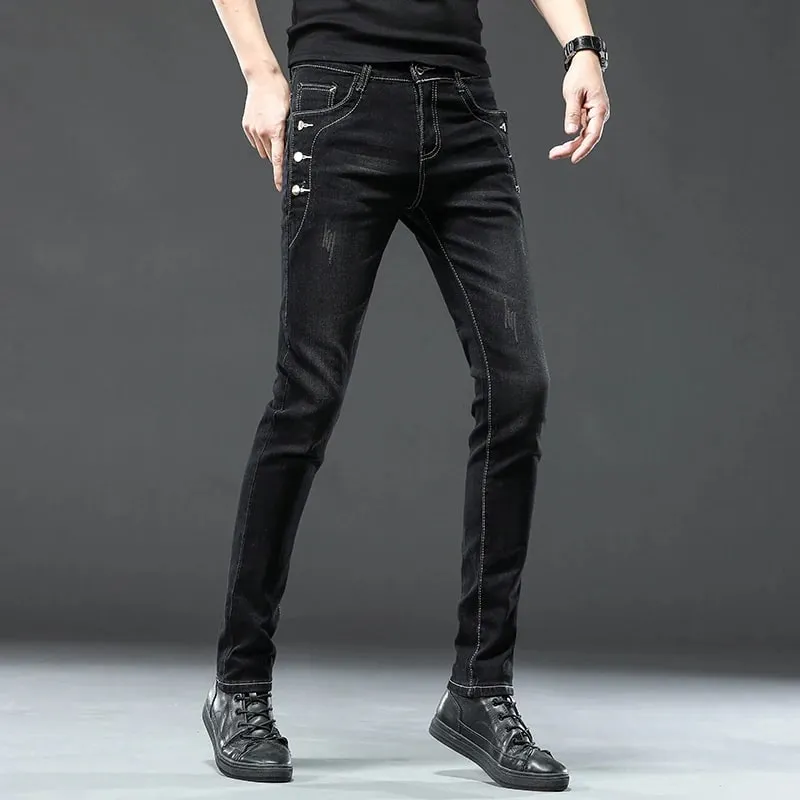 New Men Slim Korean Button Jeans Black Skinny Solid Color Stretch Multi-button Youth Male Denim Pants Streetwear — image 9