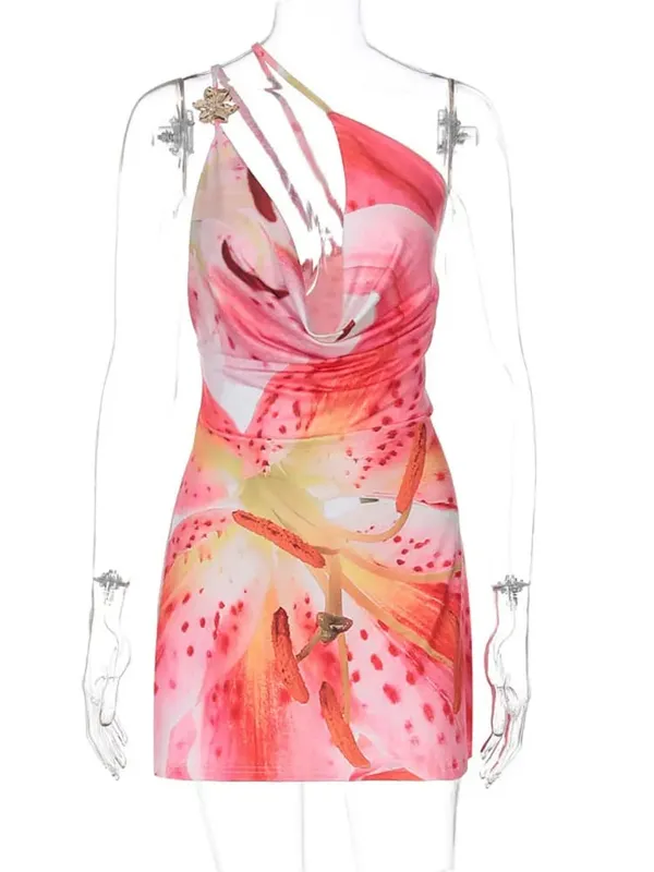 Tossy One-Shoulder V-Neck Summer Mini Dress For Women Printed Contrast Slim Spaghetti Sexy Dress Female Backless Party Dress New — image 9