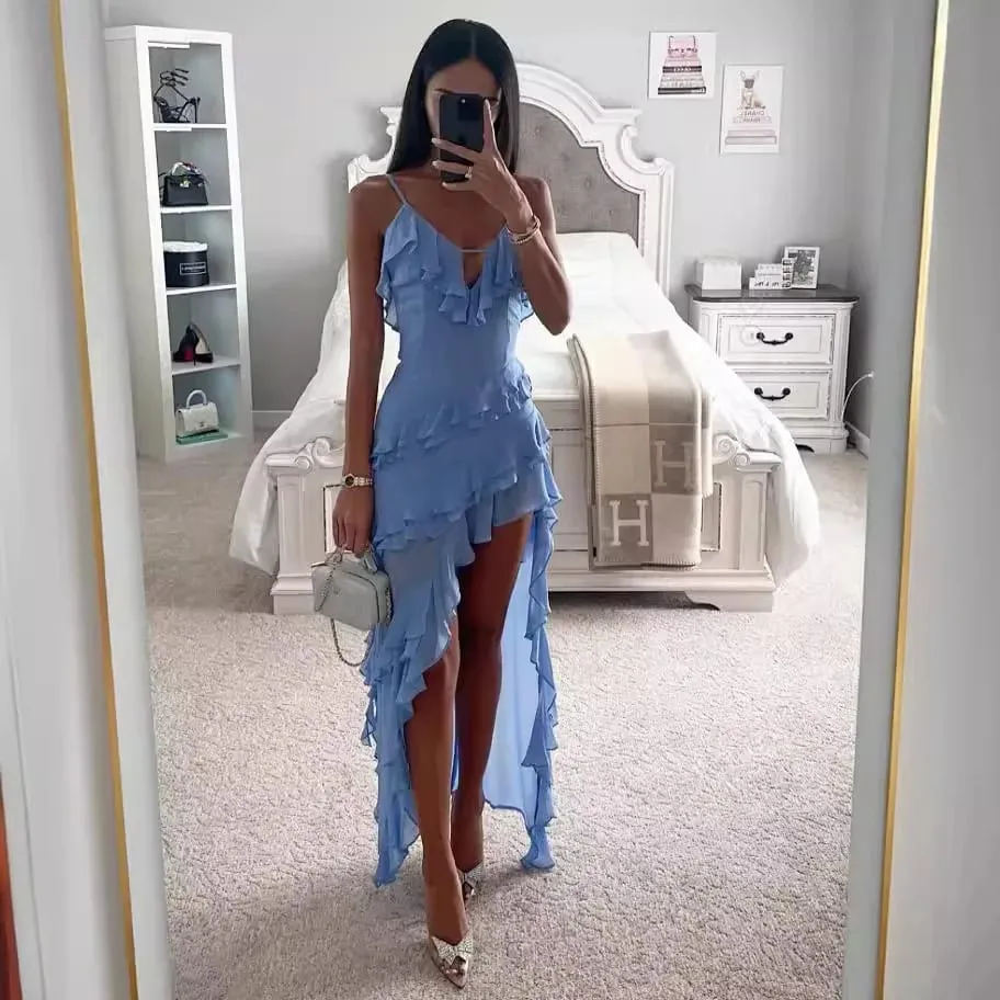 Woman Irregular Tassel Summer Trend Skinny Split Maxi Bodycon Birthday Party Clubwear Vestidos Blue Elegant Women Strap Dresses — image 2