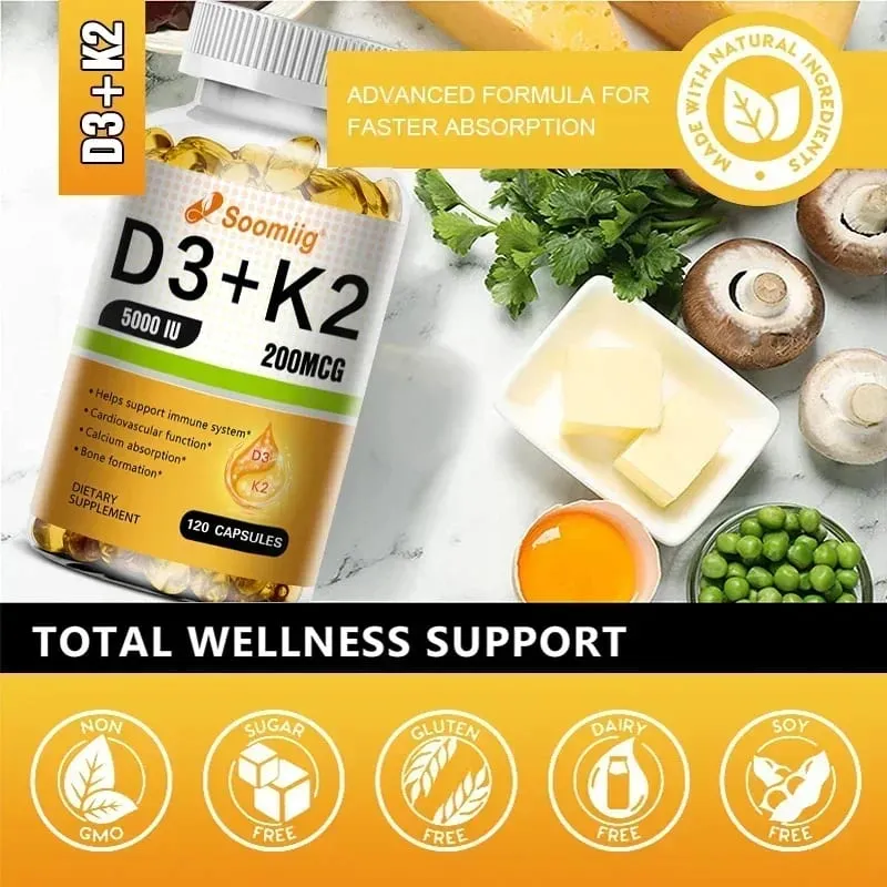Vitamin D3 5000IU and 200 Mcg Vitamin K2 (MK-7) Capsules for Calcium Absorption Bone Regeneration Immune Support Easy To Melt