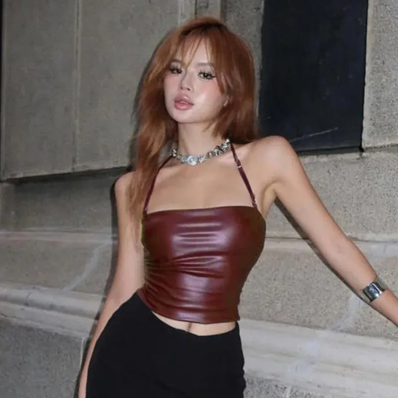 Wine Red PU Spliced One Shoulder Hanging Neck Strap Hot and Sexy Adjustable Backless Vest for External Wear