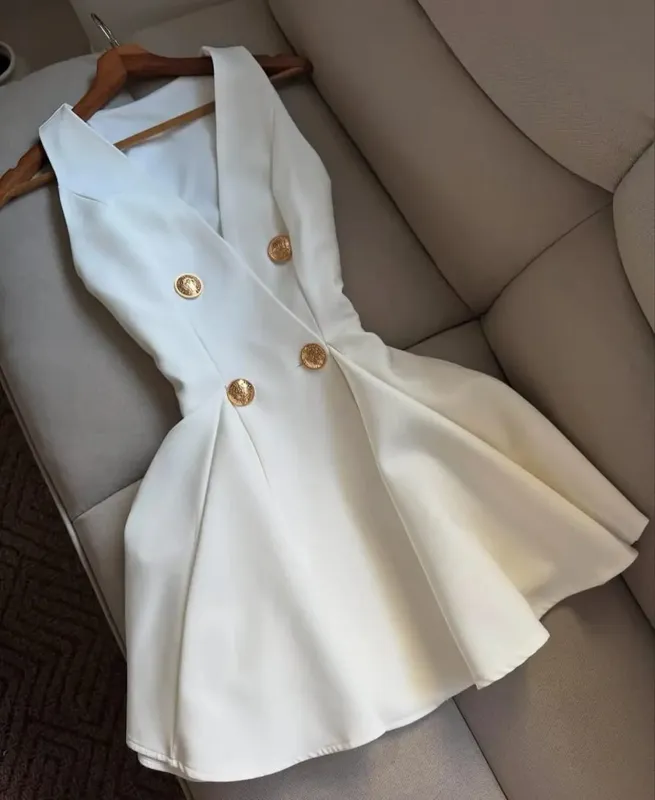 Women Elegant Sexy Deep V-neck Luxury Slim Dress Black White Button Mini Short Dresses Satin Evening Dress Summer Pleated Skirt — image 2