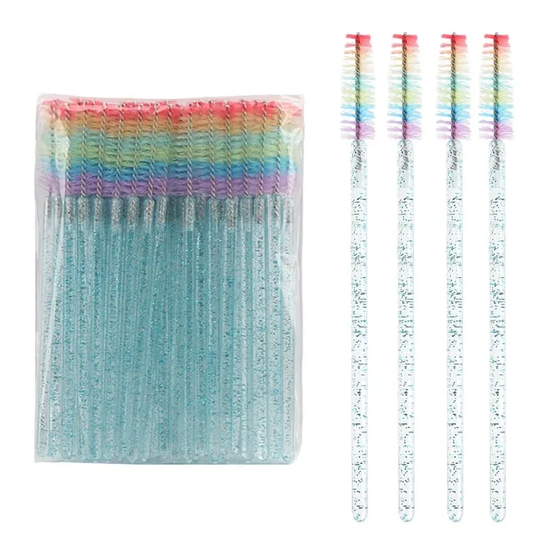 50pcs Disposable Crystal Eyelash Brush Lash Extension Makeup Brushes Mascara Wand Applicator Eyebrow Comb Rainbow Microbrush