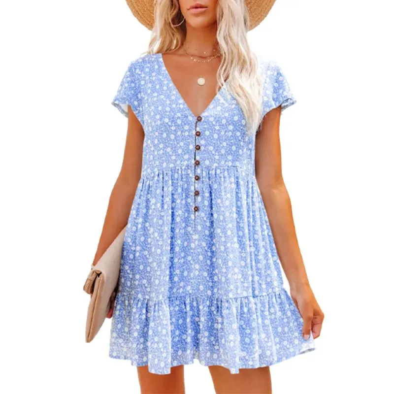 In Europe and the spring and summer independent stand v-neck button small broken flower loose women's leisure dress with short s — image 2