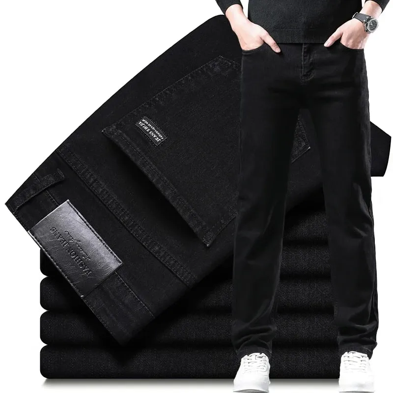 Black Gray Men's Classic Straight Stretch Jeans Autumn Business Casual Comfortable Regular Fit Denim Pants Male Trousers — image 4