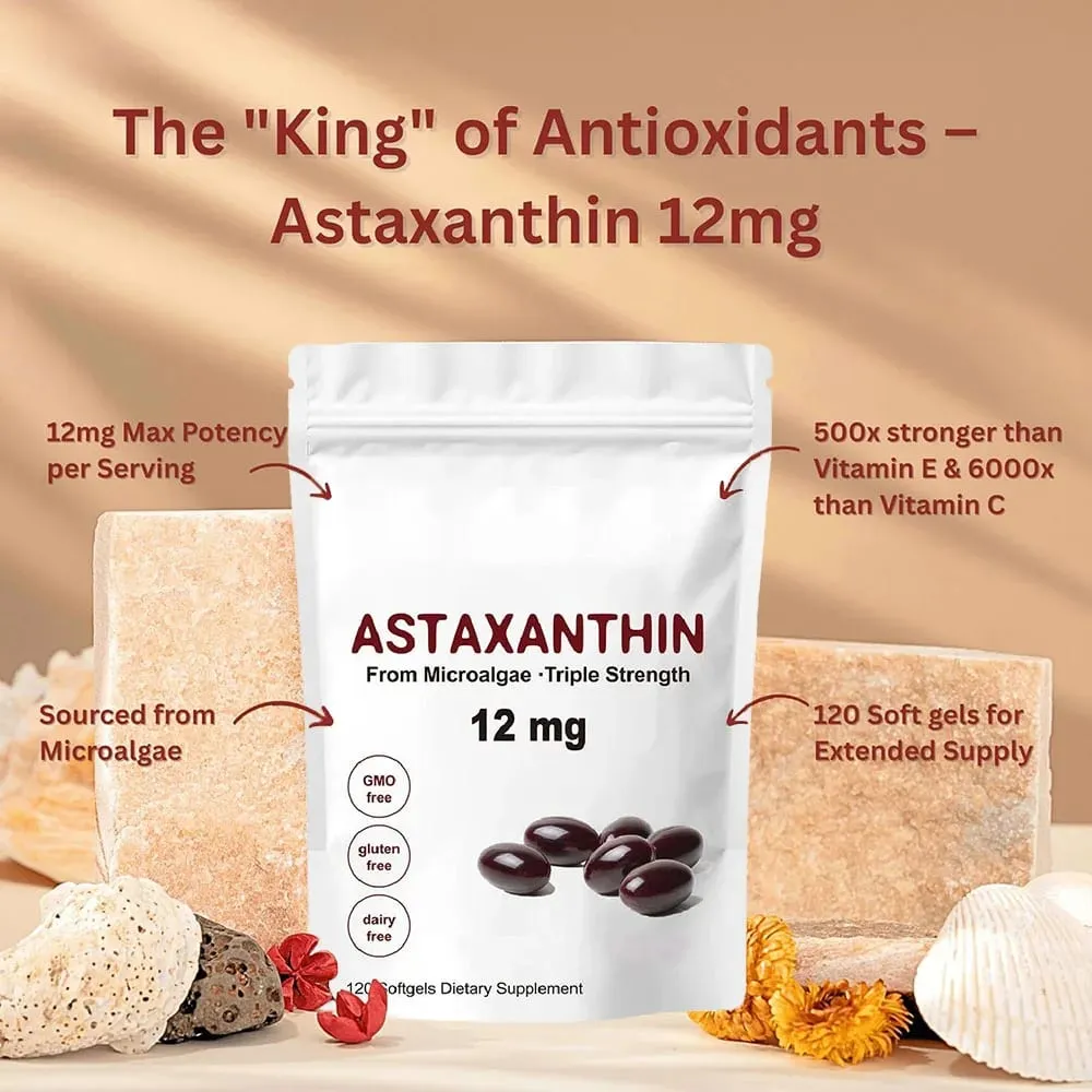 Triple Strength Astaxanthin 12mg - Bổ sung chất chống oxy hóa Astaxanthin tự nhiên Không biến đổi gen đã được xác minh & Không chứa gluten - 120 viên mềm — image 1