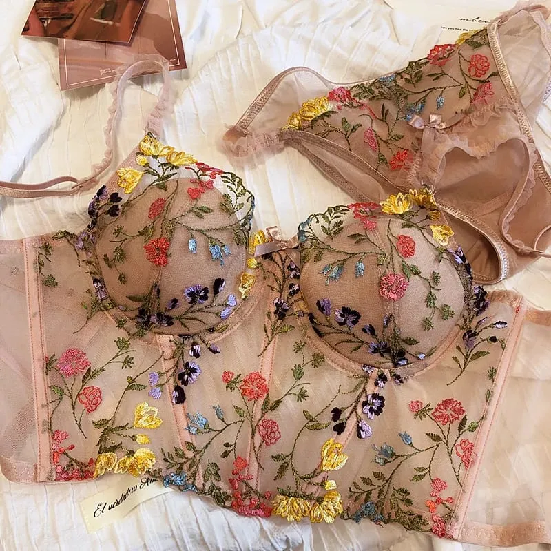 Extended Embroidered Bra And Panty Set Floral Lace Women Underwear Sexy Female Thin Cotton Cup Push Up Lingerie Suit — image 3