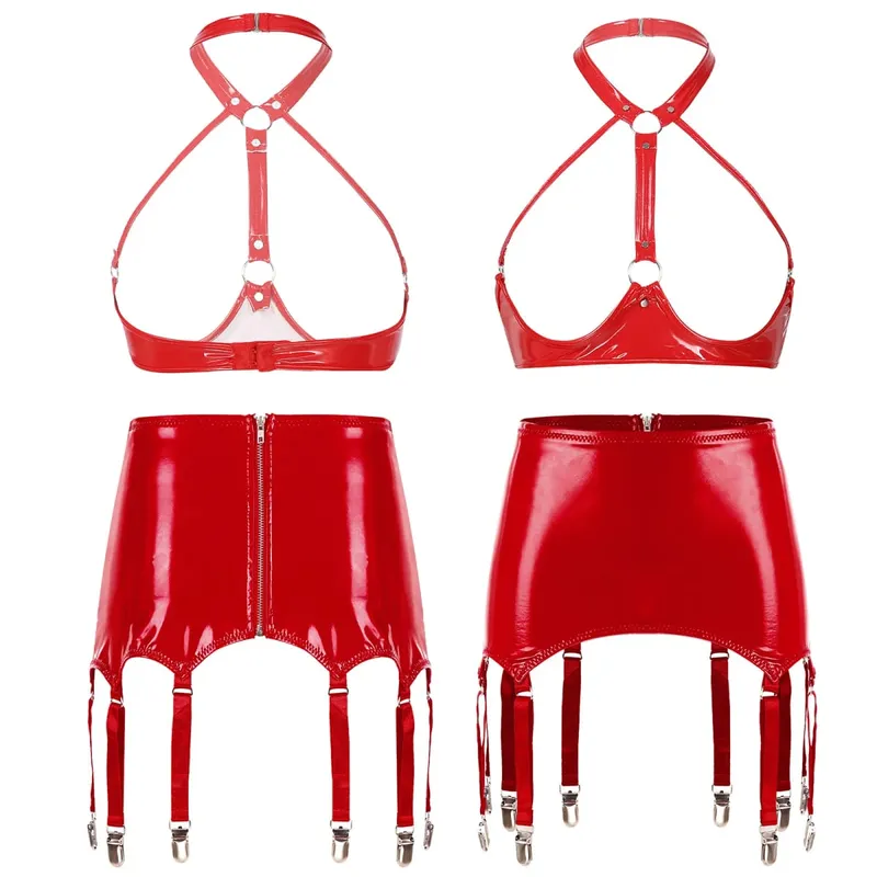 Womens Patent Leather Two-Pieces Porn Lingerie Set Wire-free Open Bust Push-up Bra Top Tank Top with Zipper Garters Mini Skirt