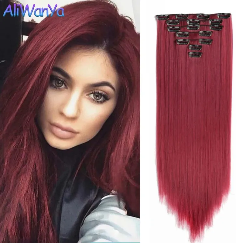 24Inch Synthetic Long Straight Hair Extensions 7pcs/Set 16 Clips in High Tempreture Fiber Synthetic Red Black Brown Hair Piece — image 2
