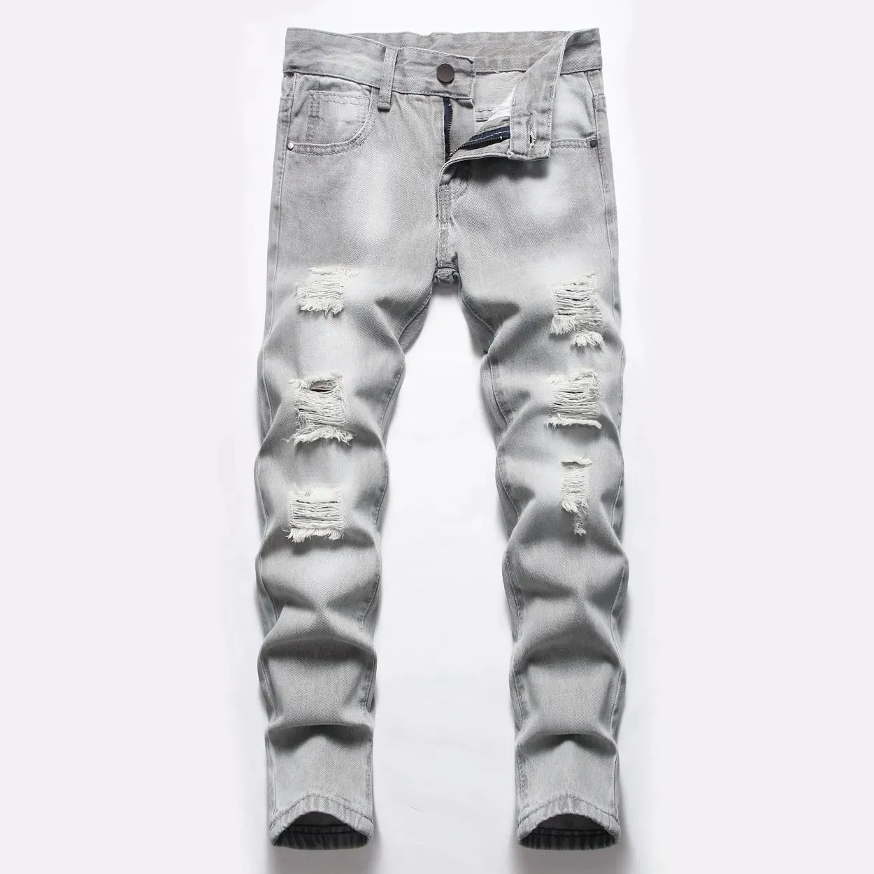 Jeans Boys Straight Ripped Children Washed Distressed Pockets Stretch Casual Denim Trousers Big Kids Streetwear 2025 Hole Pants