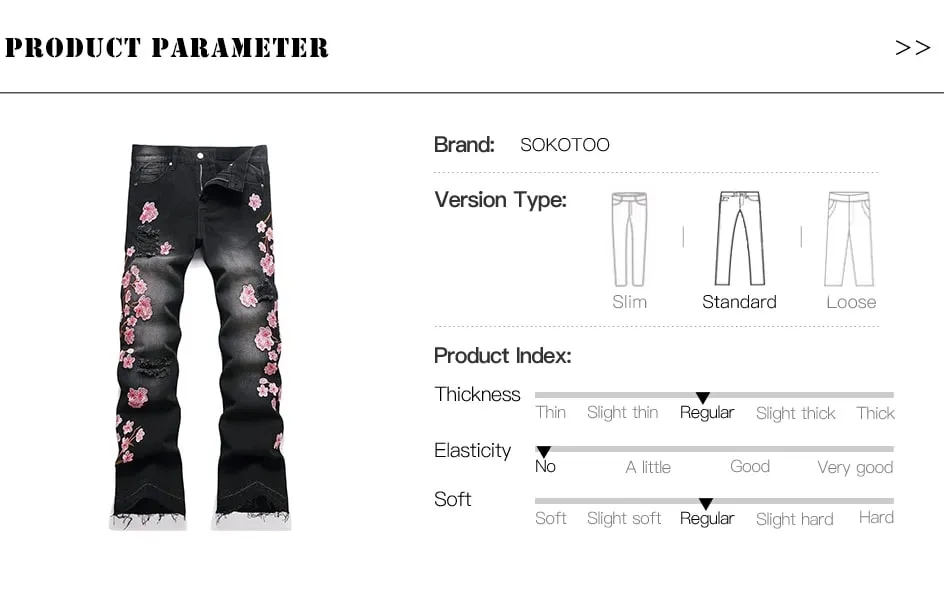 Men Sakura Embroidery Denim Jeans Streetwear Boot Cut Pants Released Hem Flared Trousers with Ripped And Cherry Blossom Design — image 7
