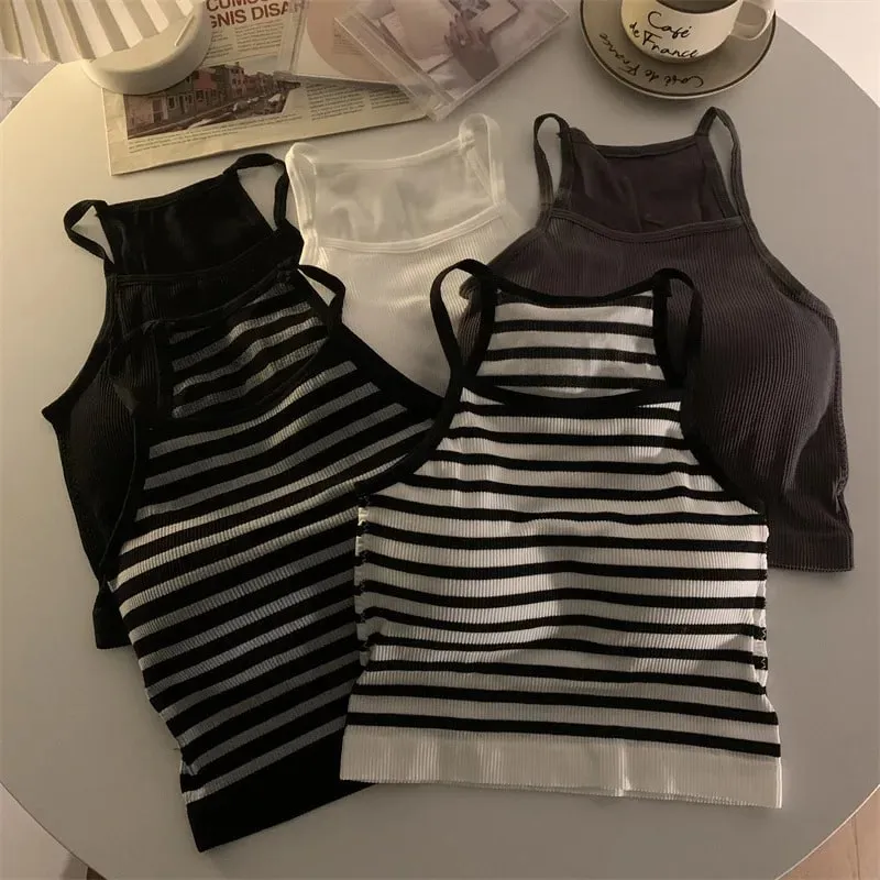 Korean Version Women Tank Tops Thread Solid Casual Fashion Crop Top with Chest Pad Stripe Sleeveless Outer Wear Basic Camisole — image 5