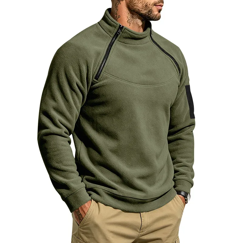 Men Fleece Stand Collar Sweatshirt Diagonal Zipper Arm Pocket Long Sleeve Loose Casual Pullover Autumn Winter Outdoor Tops — image 11