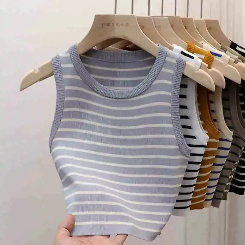 2026 Spring Summer New Sleeveless Ice Silk Knit Tank Top Striped O-Neck Women's Camisole Slim Fit Versatile Sexy Crop Tops