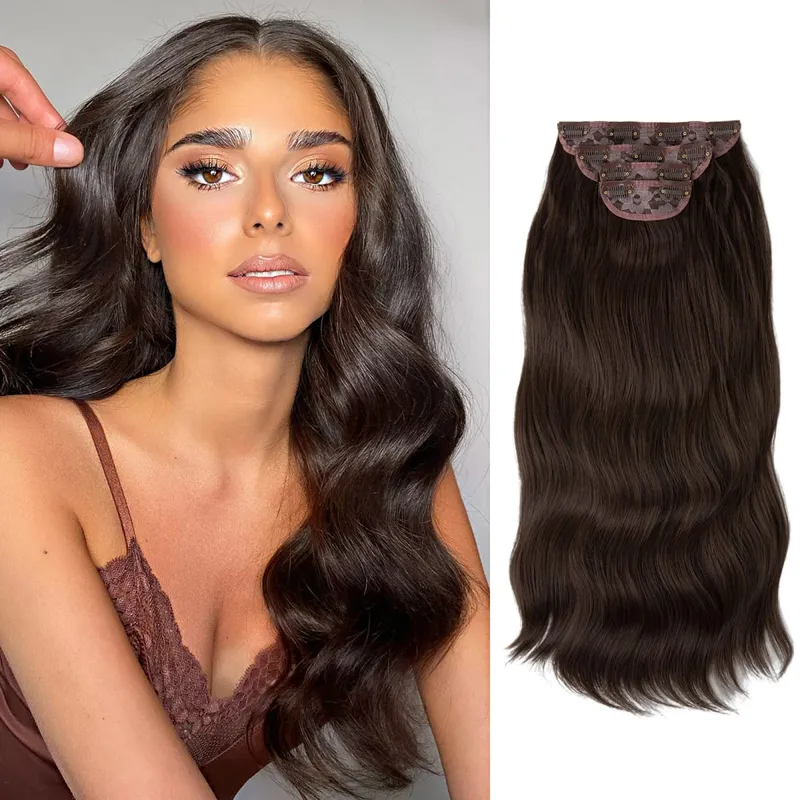 22" 4pcs/set Synthetic Clip In Hair Extensions Elegant Long Wavy Thick Hairpiece Daily Use Brown Blonde Natural Fake Hair — image 12