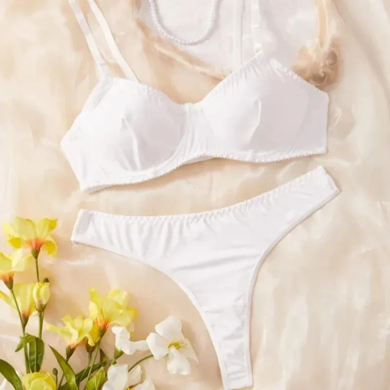 Ladies Smooth Comfortable Thin Underwear Women Sexy Nightwear Inner Solid Color Sleep Underwear Bra Set — image 7
