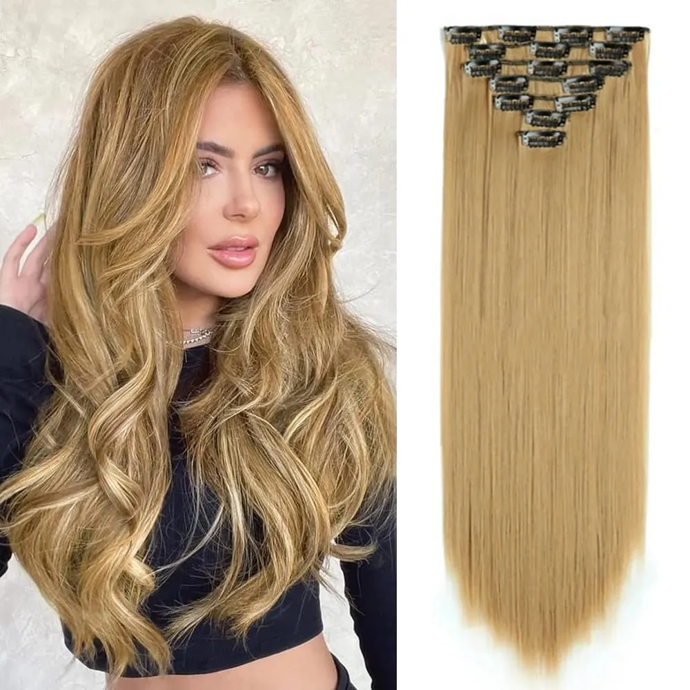 22 Inch Long straight Black Clip in Hair Extensions 130G 7pcs Synthetic Clip in Hair Extensions