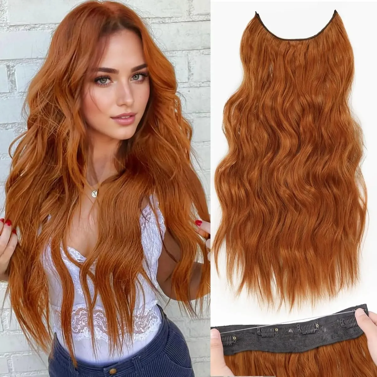 Synthetic Invisible Wire Hair Extensions Long 4 Clips In Wave Curly Hairpiece For Women 20Inch Secret Fish Line Hair Extensions — image 1