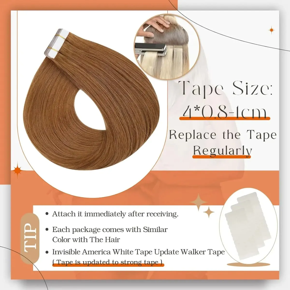 Full Shine Tape in Human Hair Extensions Invisible Straight Double Sided #330Copper Comfortable Silky Natural Tape ins For Women — image 3