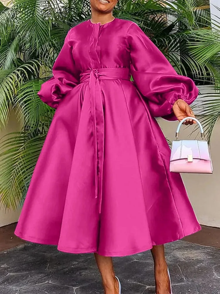 Satin Puff Sleeve Evening Dress for Women Pleated A-Line Round Neck Elegant Party Club Casual Solid Midi Dress with Belt 2025 — image 4