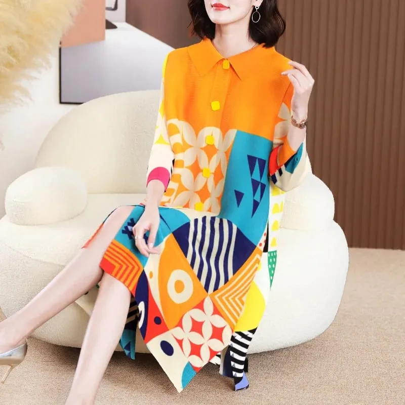 Miyake Pleated Dress Women 2024 Spring New High-End Design Sense Printing Lapel 3/4 Sleeve Single-breasted Fashion Shirt Dresses
